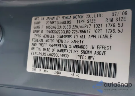 2009 Honda Cr-V Ex from USA, damaged, VIN JHLRE38529C014930